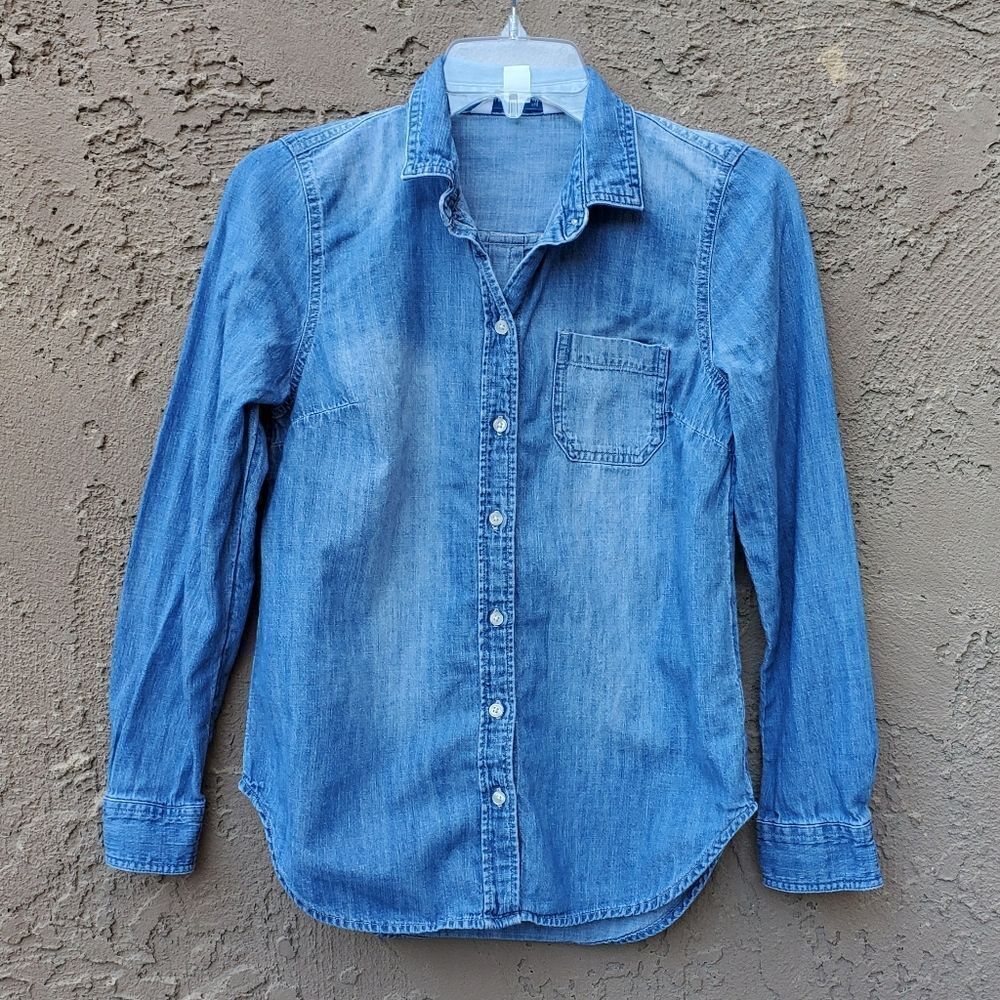 Old Navy distressed denim long sleeve button down shirt